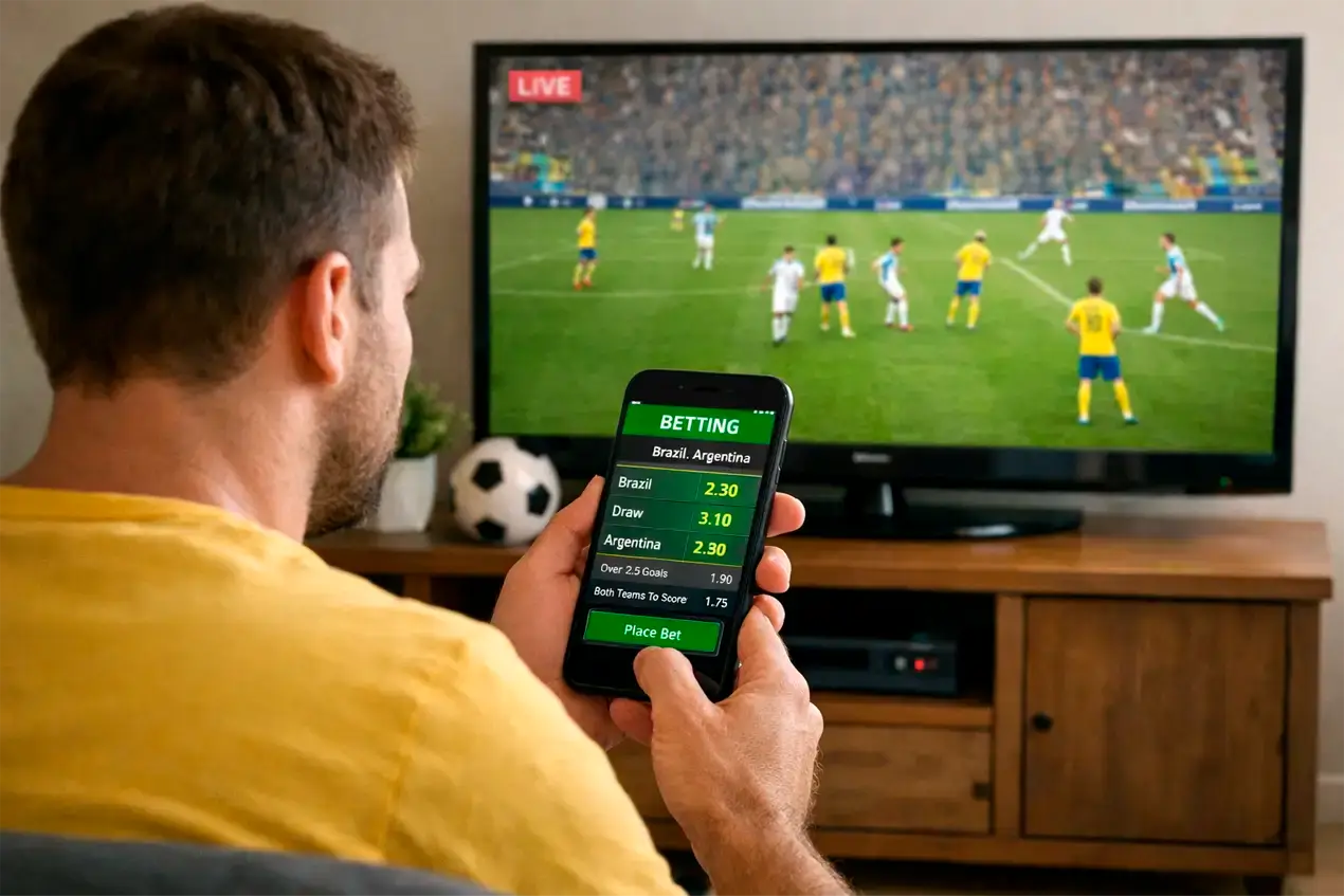 Pessoa assistindo partida de futebol ao vivo na televisão representando a dinâmica das apostas em tempo real