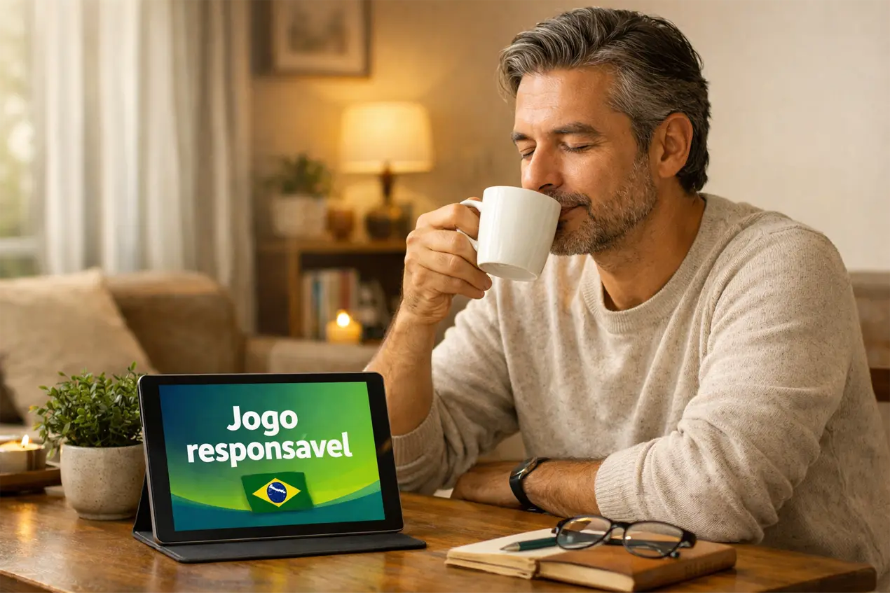 Pessoa relaxada em ambiente doméstico acolhedor tomando café com expressão serena e equilibrada