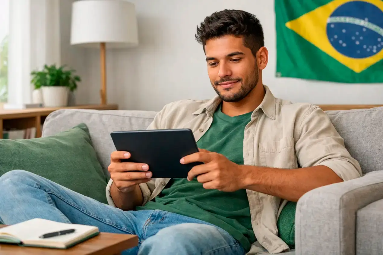 Jovem brasileiro sentado no sofá com tablet aprendendo sobre apostas esportivas