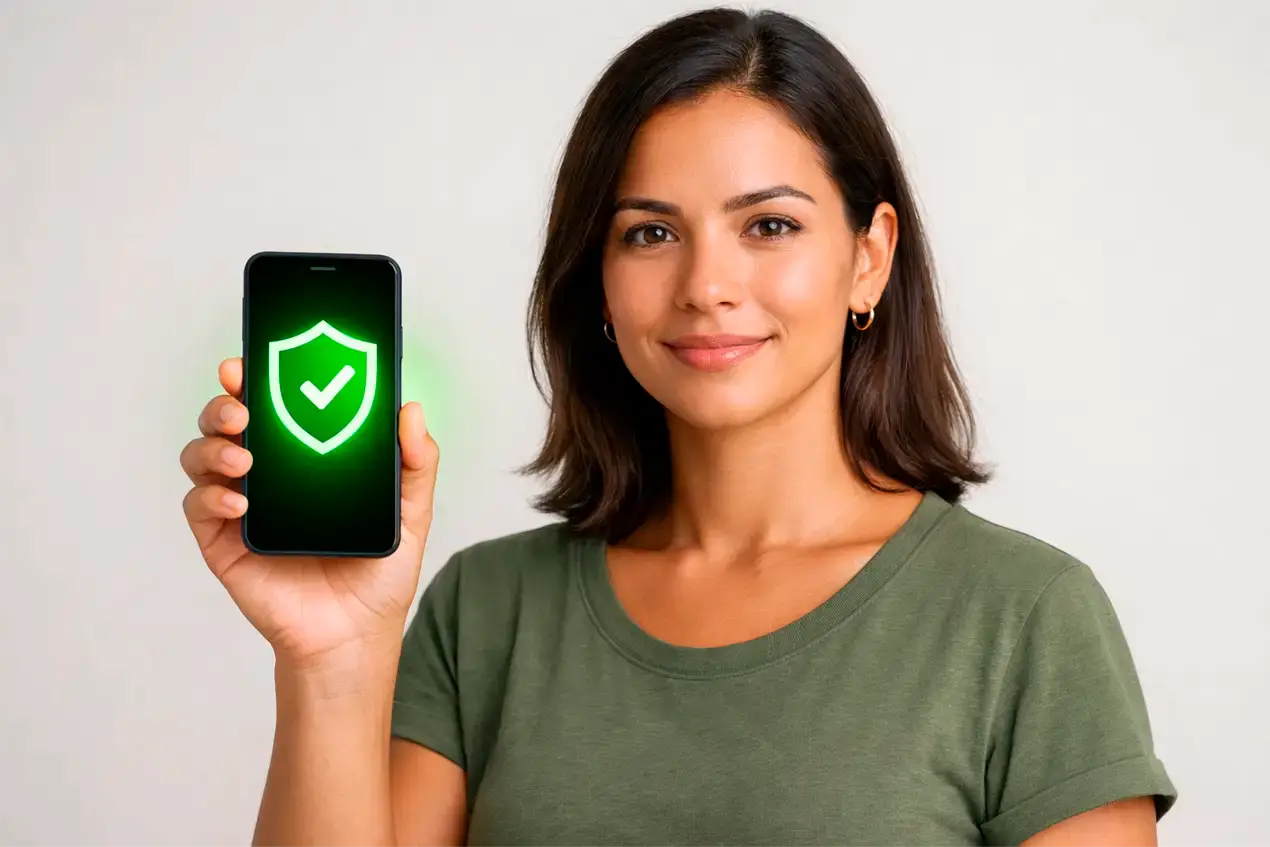 Consumidor brasileiro confiante segurando smartphone com ícone de proteção representando direitos do apostador