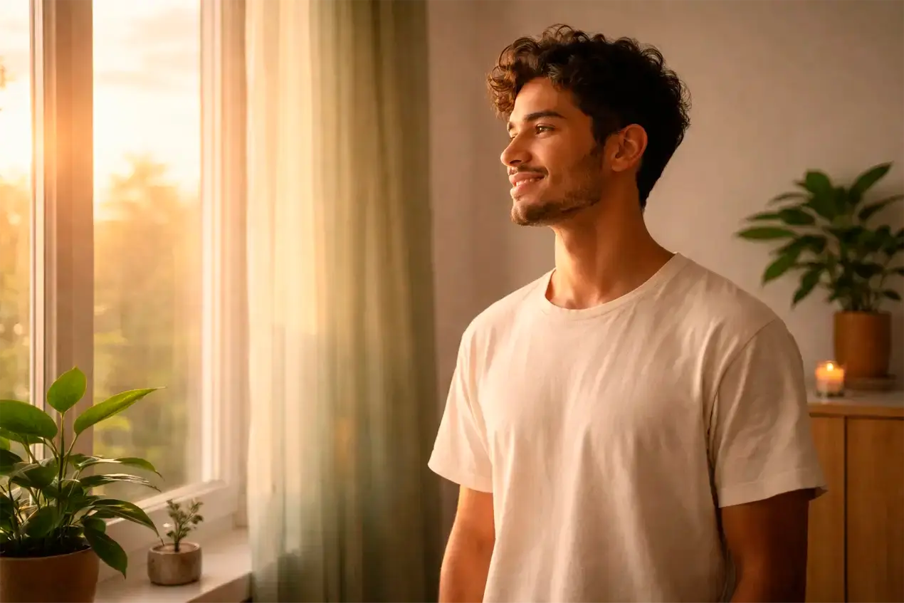 Jovem brasileiro junto à janela ao nascer do sol com expressão esperançosa representando novos começos