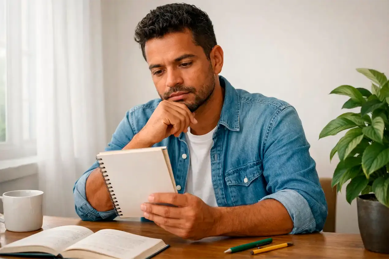 Pessoa pensativa olhando para caderno aprendendo com erros passados