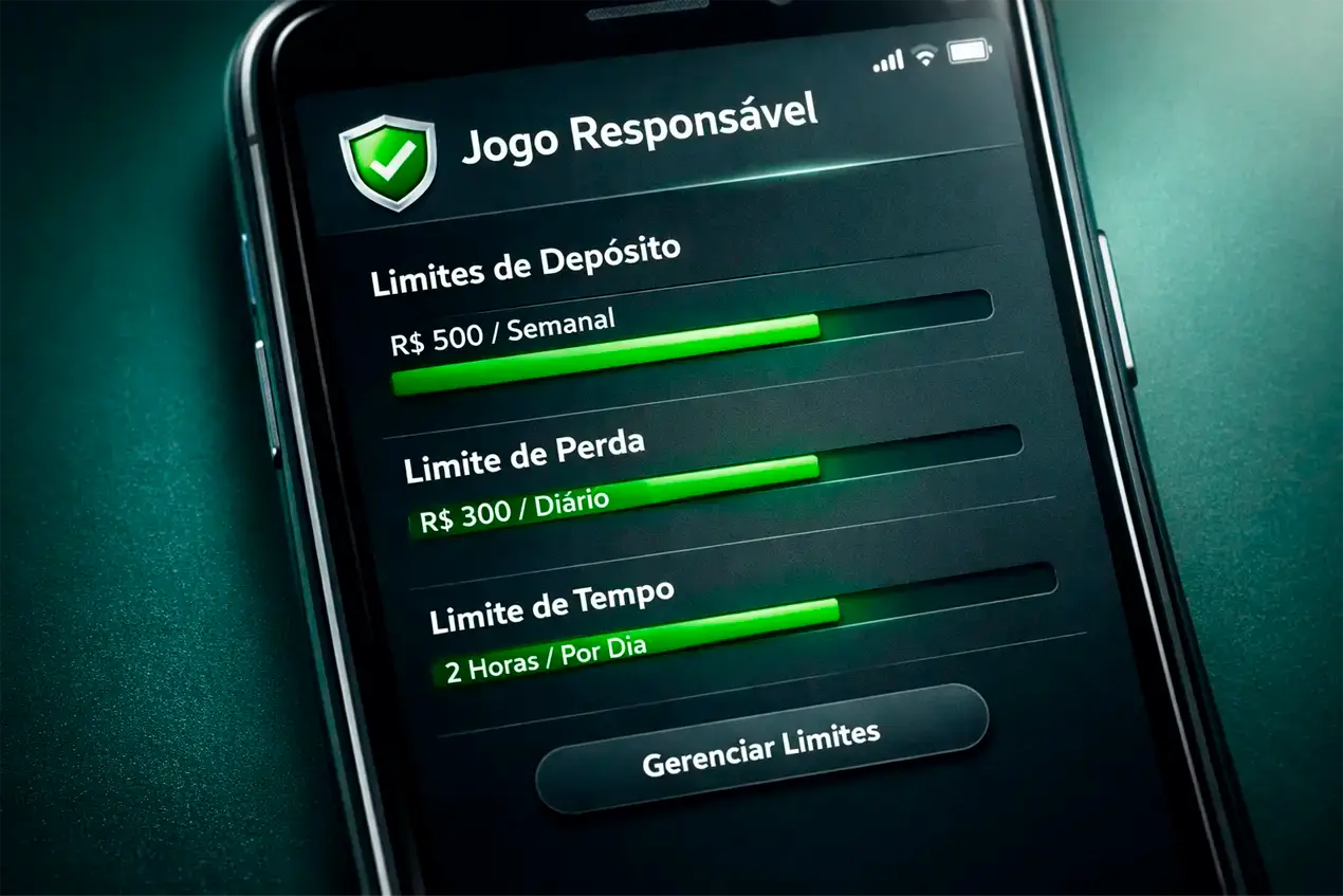 Smartphone mostrando interface de proteção com medidores e escudo representando limites de autocontrole