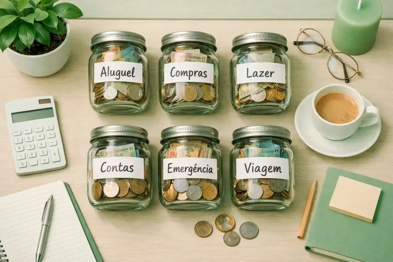 Mesa organizada com recipientes separados representando gestão financeira e separação de fundos