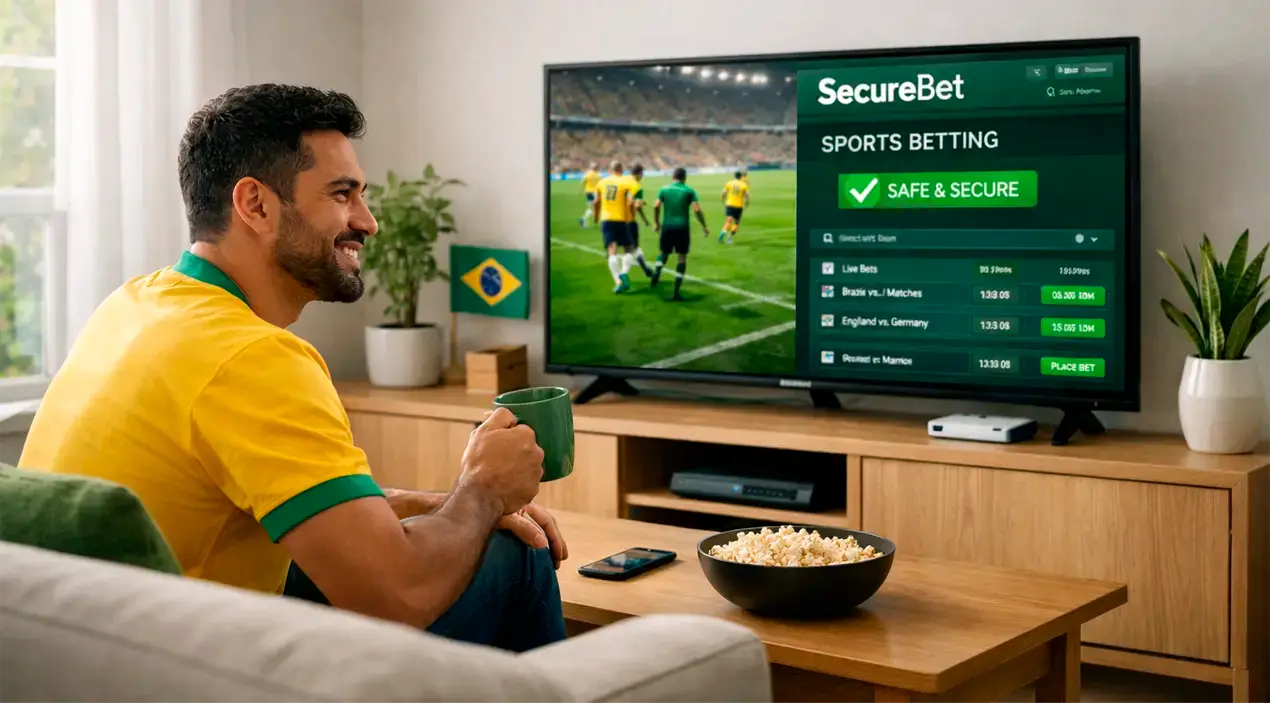Torcedor brasileiro assistindo partida de futebol em televisão moderna em ambiente aconchegante