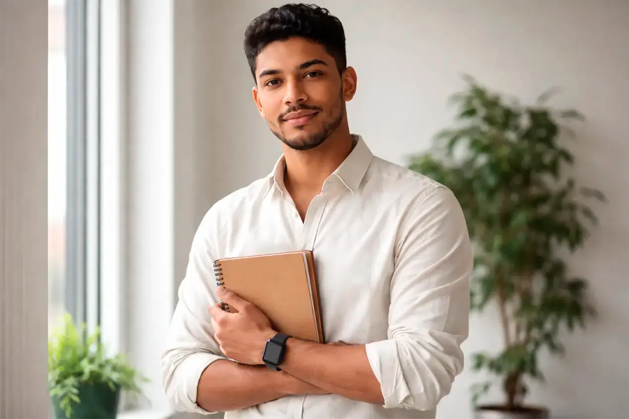 Jovem brasileiro confiante perto da janela com caderno representando início de jornada responsável