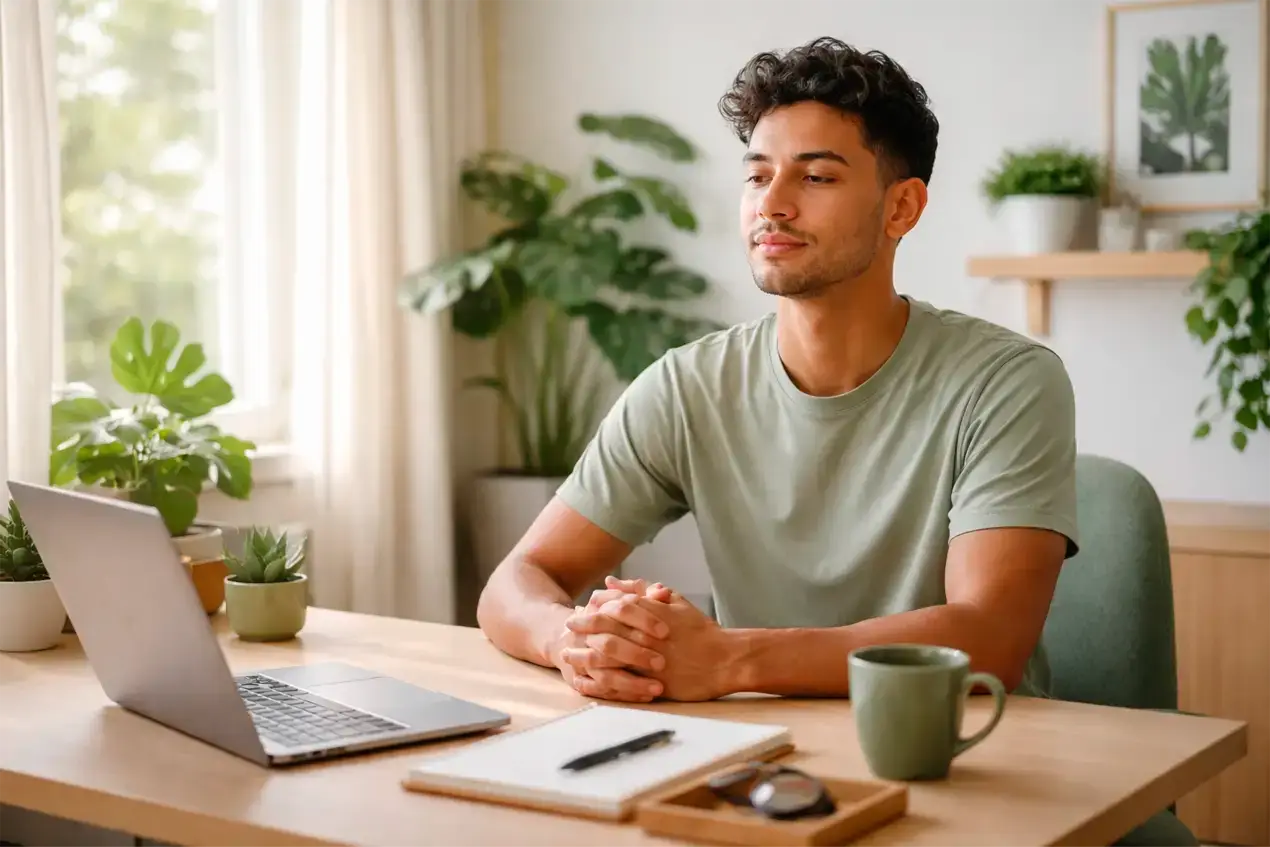 Jovem brasileiro sereno em ambiente organizado representando controle e consciência nas decisões