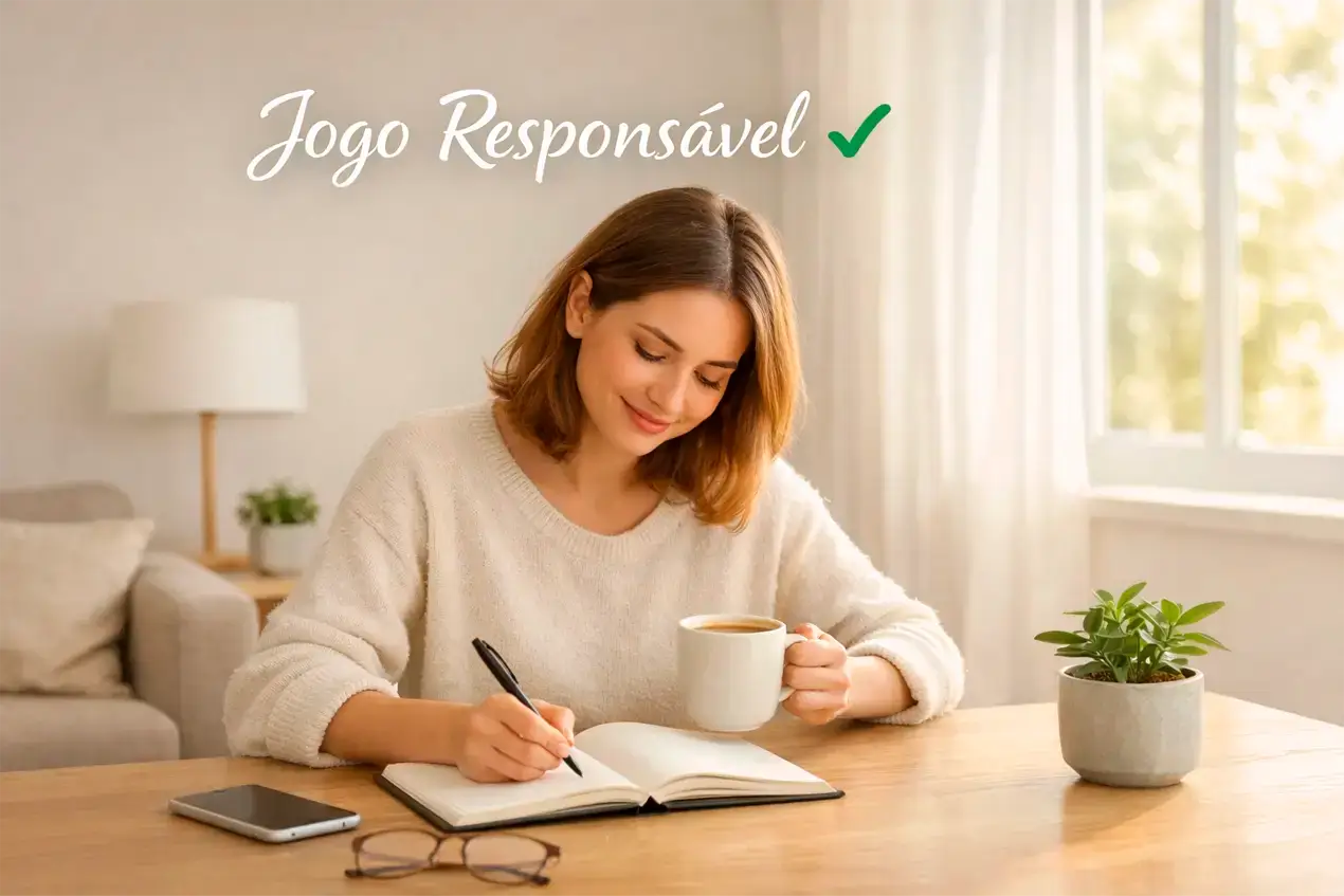 Pessoa em ambiente tranquilo planejando com responsabilidade representando jogo responsável e conscientização