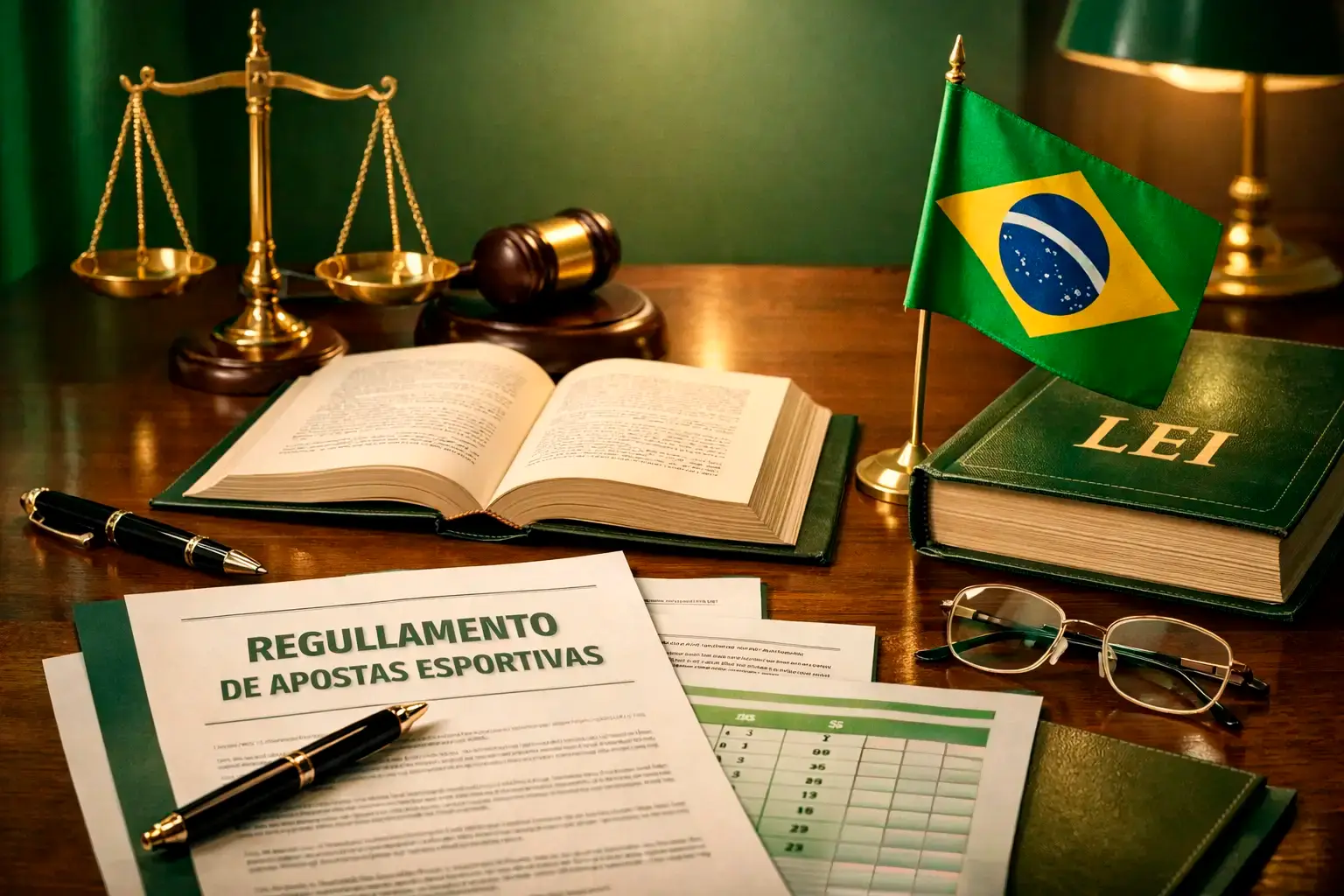 Mesa de escritório formal com documentos oficiais e bandeira brasileira representando a jornada legal das apostas
