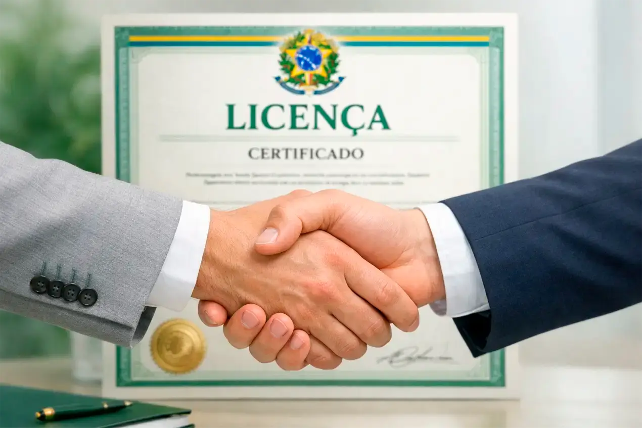 Aperto de mãos profissional com certificado de autorização representando o marco regulatório da Lei 14.790