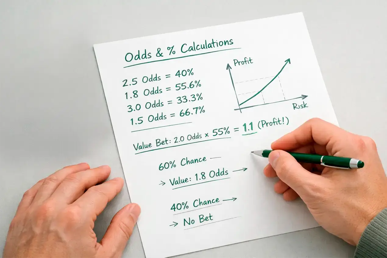 Mãos escrevendo cálculos e gráfico simples representando a matemática por trás das odds