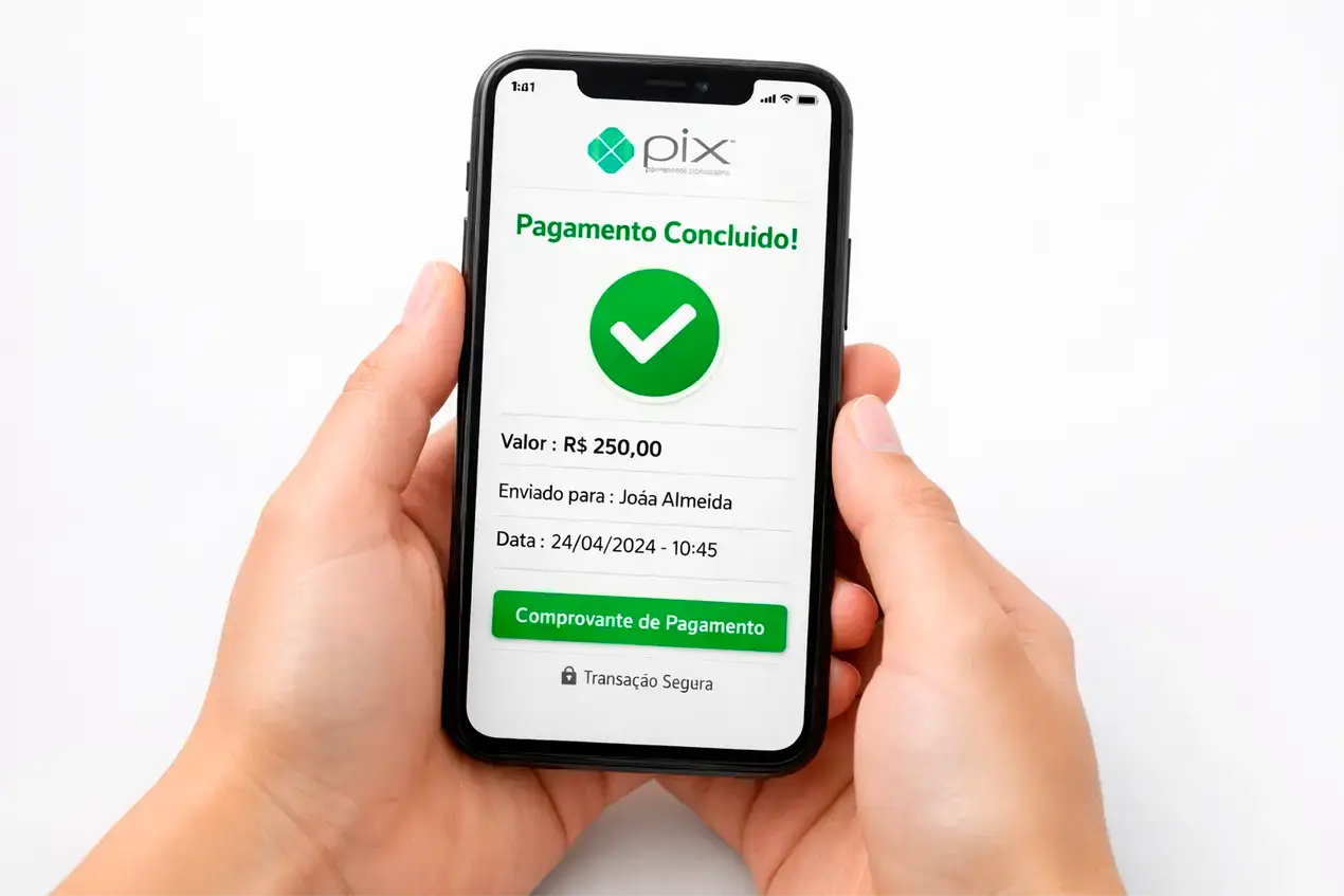 Mãos segurando smartphone com confirmação de pagamento seguro representando métodos de pagamento aprovados