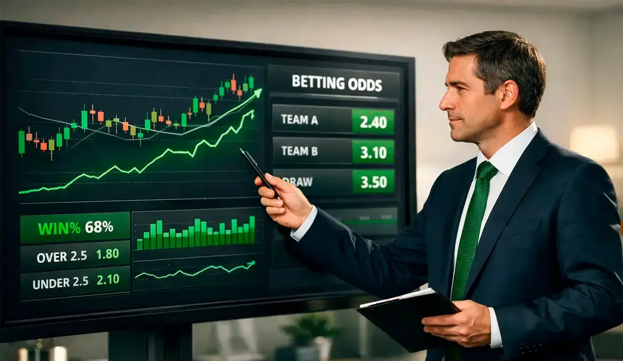 Analista profissional analisando gráfico de tendências representando odds e mercados de apostas