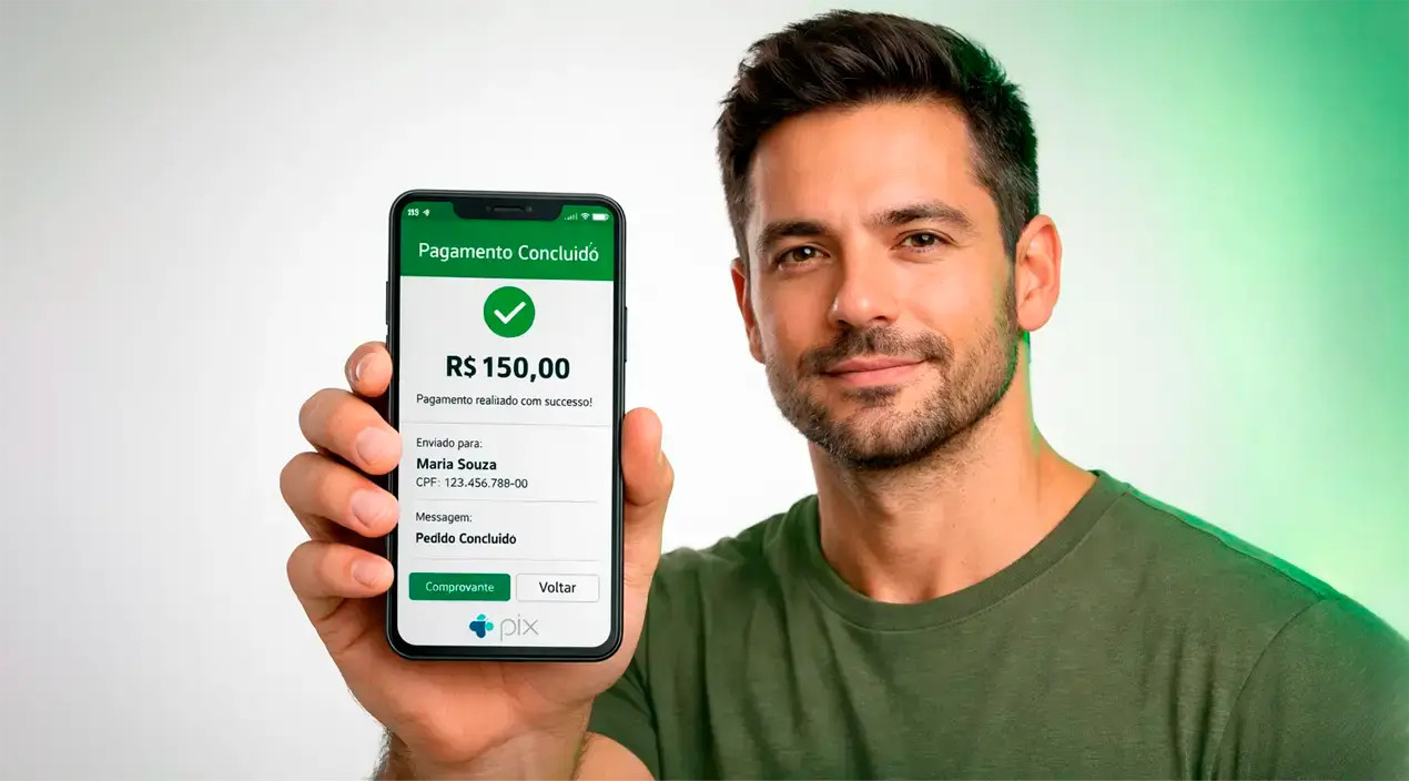 Profissional brasileiro segurando smartphone com confirmação de pagamento seguro via Pix