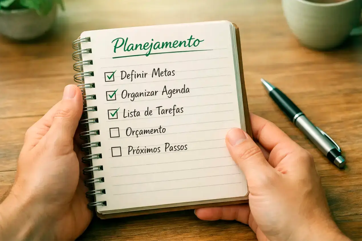 Mãos segurando caderno com checklist representando reflexão e planejamento antes de começar