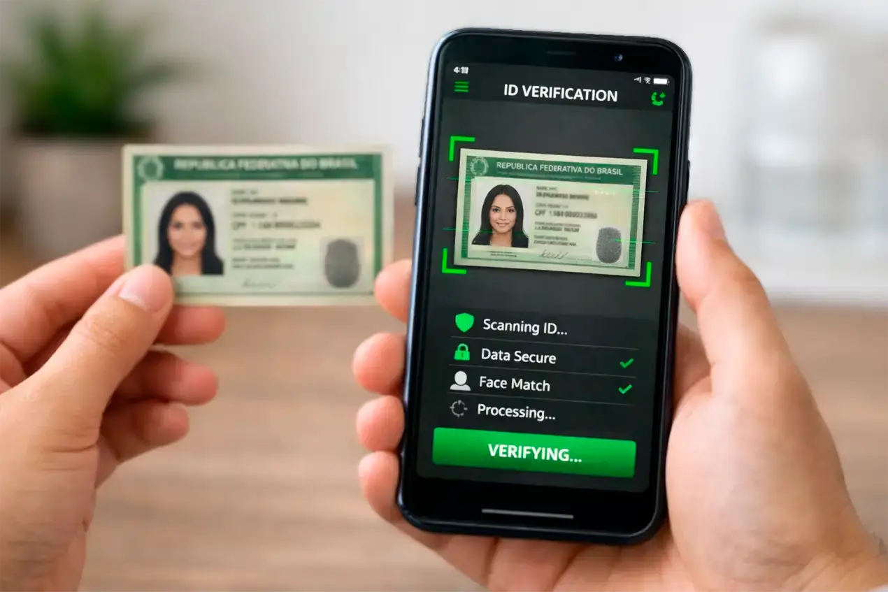 Pessoa realizando verificação de identidade com smartphone e documento de identificação